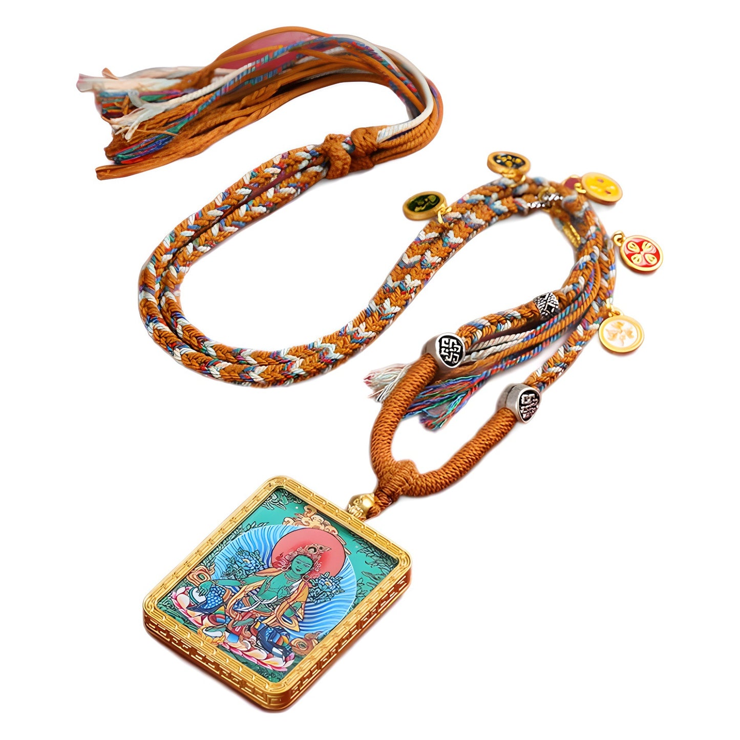 Tibetan Style Necklace with Thangka Pendant & Handwoven Cotton Cord