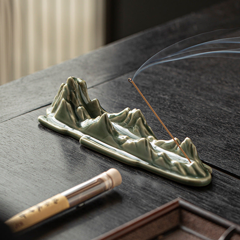 "A Thousand Miles of Rivers and Mountains" Ceramic Incense Holder - Blue-Glazed Zen Incense Burner (21.7x5.3x5.5cm, 2.5mm Hole)