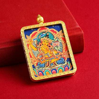 Portable Buddhist Thangka Pendant - Double-Sided Dragon Deity Amulet with Gold Accents - Eight Protector Deities Amulet Box