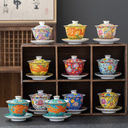 Imperial Style Cloisonné Gaiwan - Handcrafted Enamel Three-Element Tea Bowl with Gold Trim (190ml Capacity)