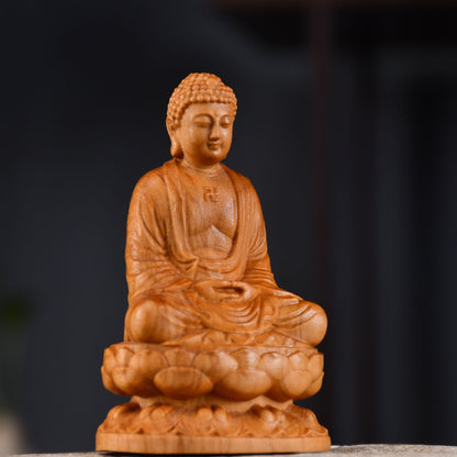 Wood Carved Shakyamuni and Guanyin Statues – Cliff Pine Buddha Figures for Home Decoration