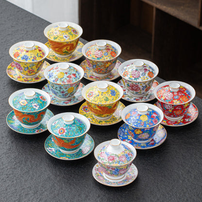 Imperial Style Cloisonné Gaiwan - Handcrafted Enamel Three-Element Tea Bowl with Gold Trim (190ml Capacity)