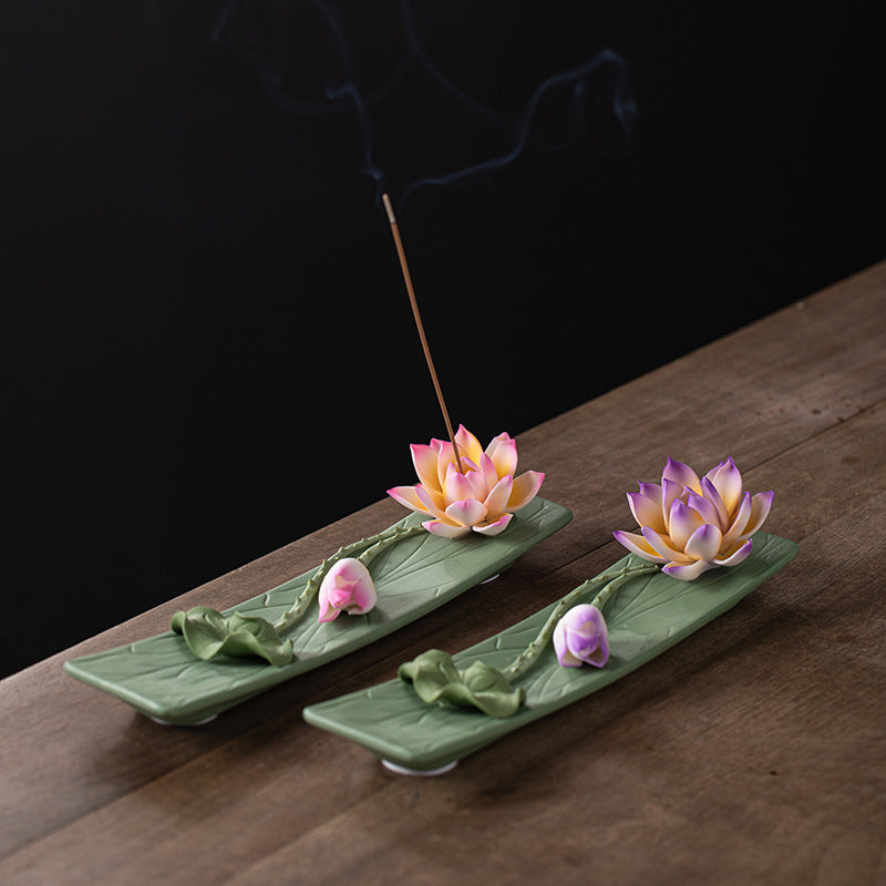 Handmade Ceramic Lotus Incense Holder - Flat-Lying Zen Decor for Tea Table with Non-Slip Base