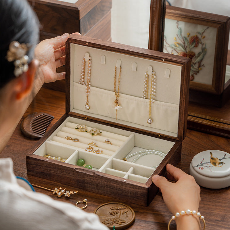 Walnut Wood Jewelry Box with Embroidered Lid - Chinese-Style Gift with Velvet Lining (23x16x6.5cm, 800g, 6 Symbolic Designs)