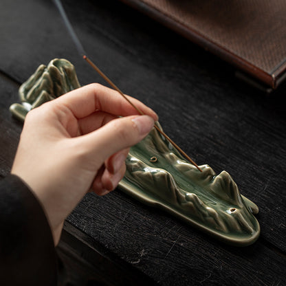 "A Thousand Miles of Rivers and Mountains" Ceramic Incense Holder - Blue-Glazed Zen Incense Burner (21.7x5.3x5.5cm, 2.5mm Hole)