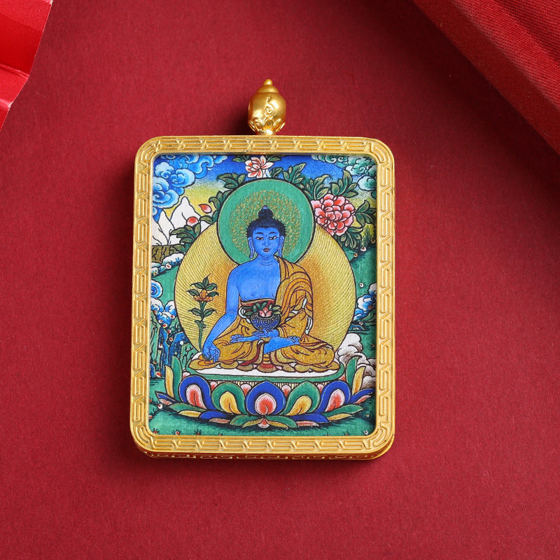 Tibetan Thangka Pendant Necklace – Green Tara & Medicine Buddha Hand-Painted Design