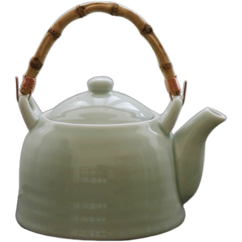 Celadon Tea Set with Bamboo Tray - Jingdezhen Ceramic (1000ml Pot, 6 Cups, Storage Jar, 2 Tea Boards)