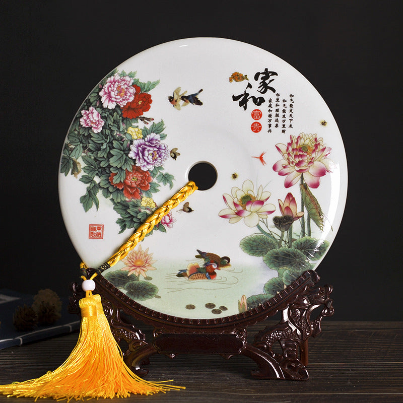 Chinese Ceramic Wall/Table Decor - Jingdezhen Porcelain with Stand (11 Auspicious Designs, 26cm Diameter, 30cm Height with Base)