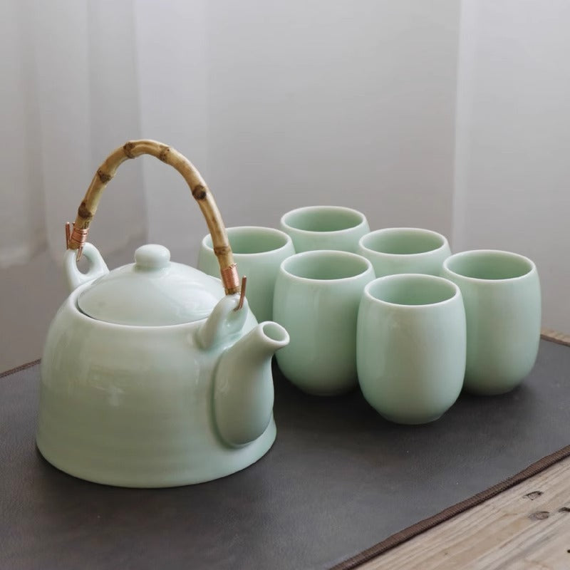 Celadon Tea Set with Bamboo Tray - Jingdezhen Ceramic (1000ml Pot, 6 Cups, Storage Jar, 2 Tea Boards)