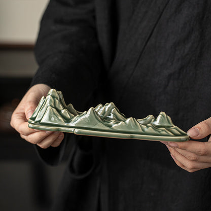 "A Thousand Miles of Rivers and Mountains" Ceramic Incense Holder - Blue-Glazed Zen Incense Burner (21.7x5.3x5.5cm, 2.5mm Hole)