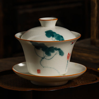 Hand-Painted Ru Porcelain Gaiwan, Ivory White Ceramic Tea Set, Crackle Glaze Three-Talent Bowl, Gongfu Tea Cup, 150ml