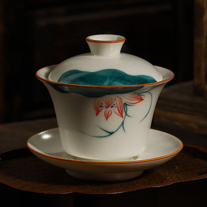 Hand-Painted Ru Porcelain Gaiwan, Ivory White Ceramic Tea Set, Crackle Glaze Three-Talent Bowl, Gongfu Tea Cup, 150ml