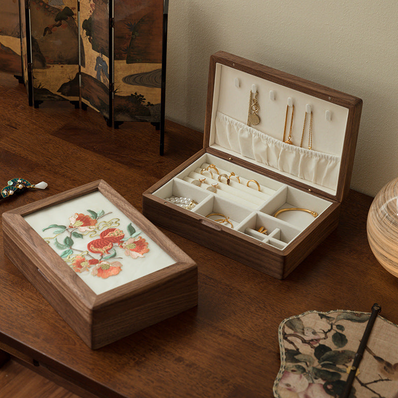 Walnut Wood Jewelry Box with Embroidered Lid - Chinese Style Gift with Velvet Lining (23x16x6.5cm, 0.78kg, 6 Embroidery Designs)