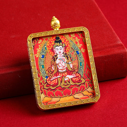 Hand-Painted Golden Eight Protector Deities Thangka Pendant - Tibetan Buddhist Amulet for Protection