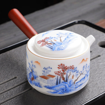Hand-Painted Blanc de Chine Tea Set – Jade-Like Glazed Porcelain with Landscape Pattern, Side-Handle Teapot, Cups & Gift Box