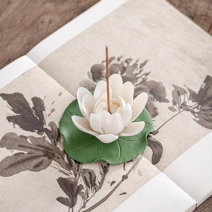 Handmade Ceramic Lotus Incense Holder - Detachable Flower & Leaf Design for Easy Cleaning (8x4.5cm, Zen Home Decor)