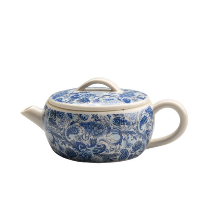Plant Ash Glaze Hanwa Teapot - Small Ceramic Gongfu Teapot with Blue & White Design (140ml, 12.5x5.5cm)