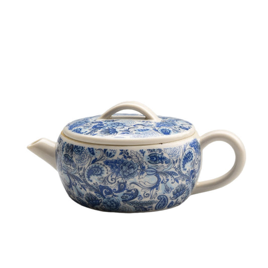 Plant Ash Glaze Hanwa Teapot - Small Ceramic Gongfu Teapot with Blue & White Design (140ml, 12.5x5.5cm)