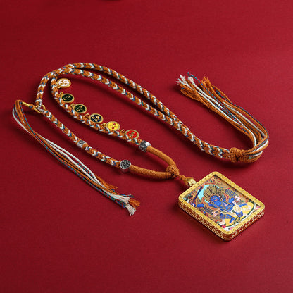 Gold Accented Mahakala Thangka Pendant - Tibetan Protector Deity Necklace