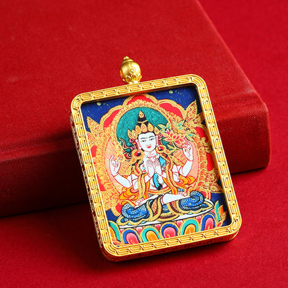 Portable Buddhist Thangka Pendant - Double-Sided Dragon Deity Amulet with Gold Accents - Eight Protector Deities Amulet Box