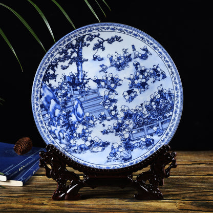 Jingdezhen Blue & White Porcelain Plates - Hand-Painted Chinese Decor (25cm Diameter, 16 Classic Designs, 1000g)