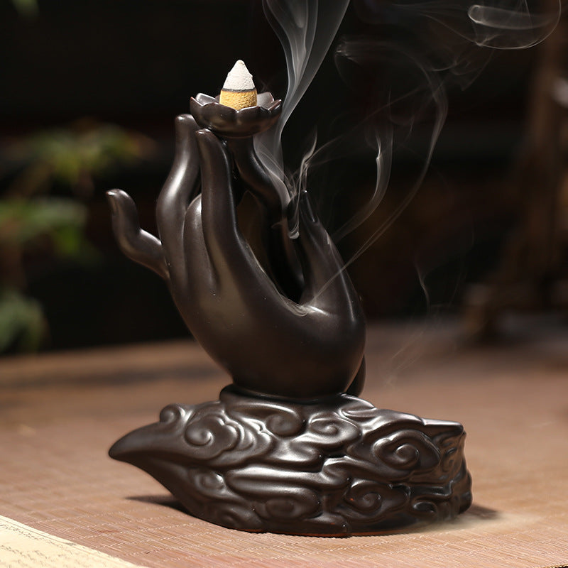 Ceramic Backflow Incense Holder - Buddha Hand Design with Smoke Waterfall Effect (14.5x16cm, Zen Home Decor)