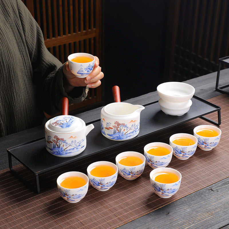 Hand-Painted Blanc de Chine Tea Set – Jade-Like Glazed Porcelain with Landscape Pattern, Side-Handle Teapot, Cups & Gift Box