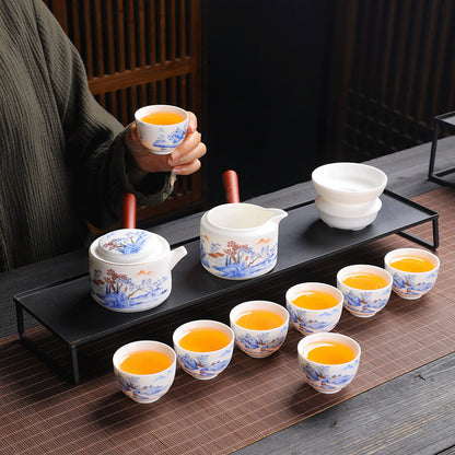 Hand-Painted Blanc de Chine Tea Set – Jade-Like Glazed Porcelain with Landscape Pattern, Side-Handle Teapot, Cups & Gift Box