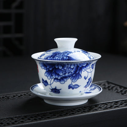 Blue and White Porcelain Gaiwan, Large High-White Glazed Tea Bowl, Japanese-Style Three-Component Set, 160ml