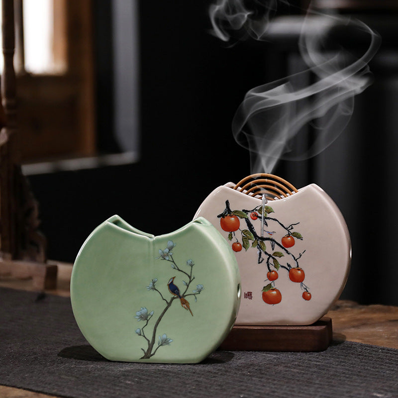 Persimmon-Themed Ceramic Incense Burner - Mini Round Fan Design for Coil Incense (11.5x10x2.2cm, 180g)