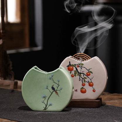 Persimmon-Themed Ceramic Incense Burner - Mini Round Fan Design for Coil Incense (11.5x10x2.2cm, 180g)
