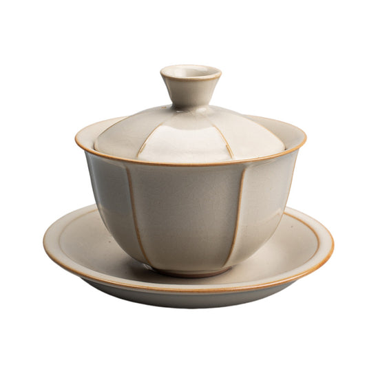 Yellow Ru Kiln Lidded Tea Bowl - Crackle Glaze Ceramic Three-Piece Set (150ml, Two Styles Available)