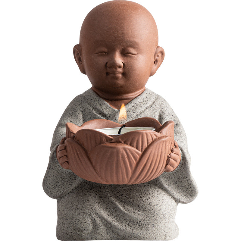 Zen Monk Ceramic Figurine with Lotus Candle Holder - Handcrafted Chinese Meditation Decor (9.8x7.8x12.3cm)