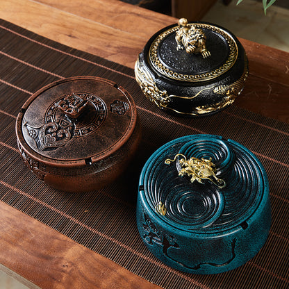 Creative Embossed Ashtray – Zen Design with Lid for Living Room & Tea Table