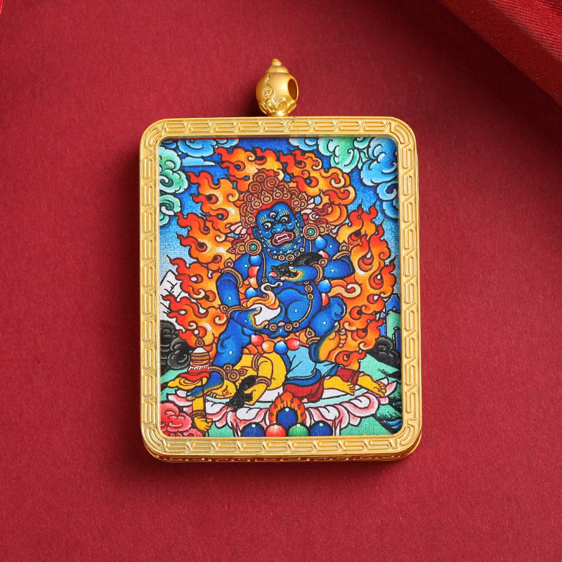 Golden Mahakala Pendant Necklace – Nepalese Thangka Gawu Box Decorative Pendant