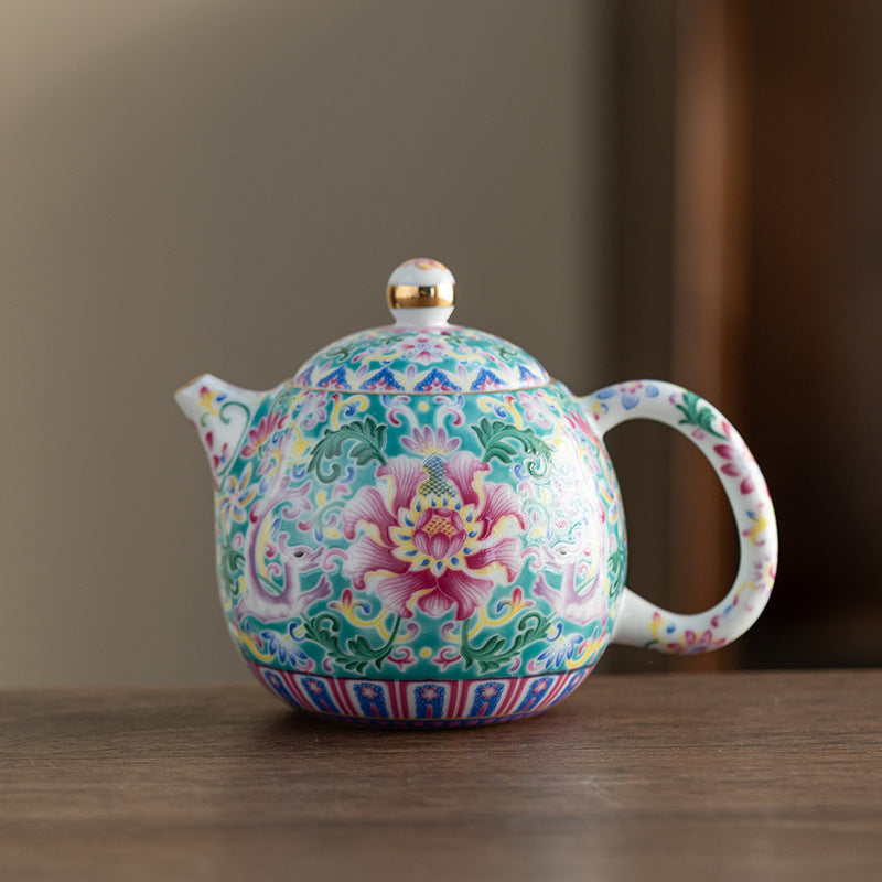 Chinese Enamel Floral Three-Lid Tea Bowl Set – Traditional Dragon Egg Teapot with Gold Trim