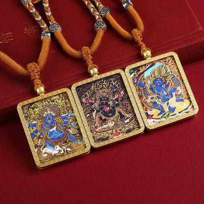 Gold Accented Mahakala Thangka Pendant - Tibetan Protector Deity Necklace