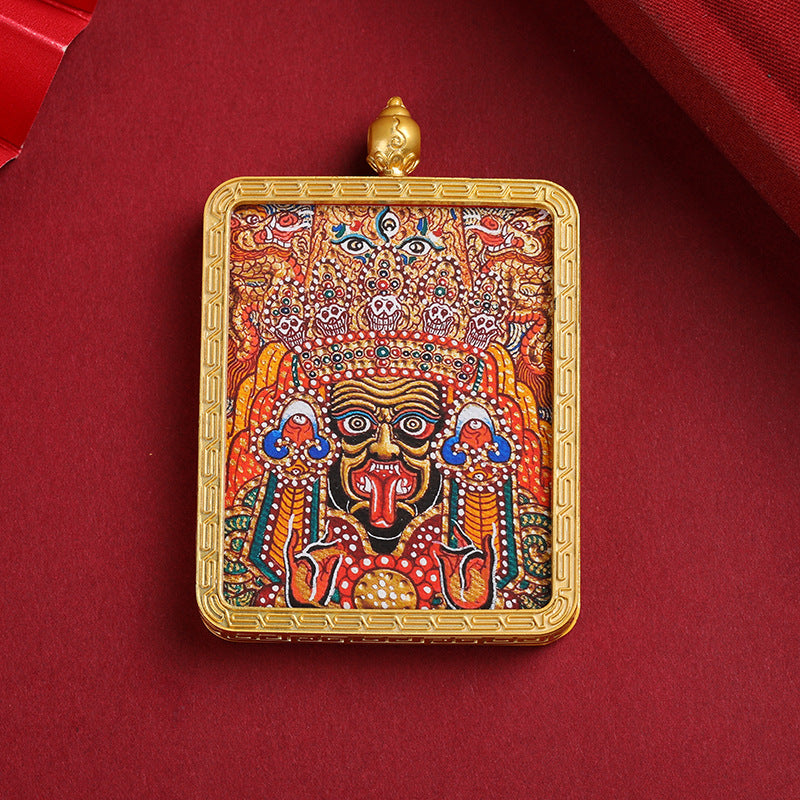 Zaki Ram Tibetan Thangka Pendant – Golden Square Pendant with Sacred Artwork