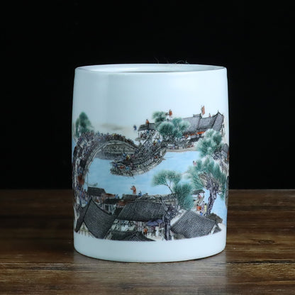 Jingdezhen Ceramic Brush Holder - 13 Classic Chinese Designs for Desk Organization (12cm Height, 10cm Diameter)