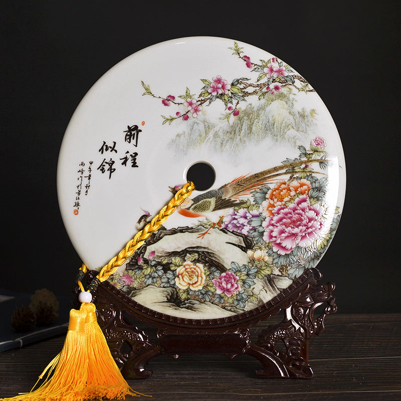 Chinese Ceramic Wall/Table Decor - Jingdezhen Porcelain with Stand (11 Auspicious Designs, 26cm Diameter, 30cm Height with Base)