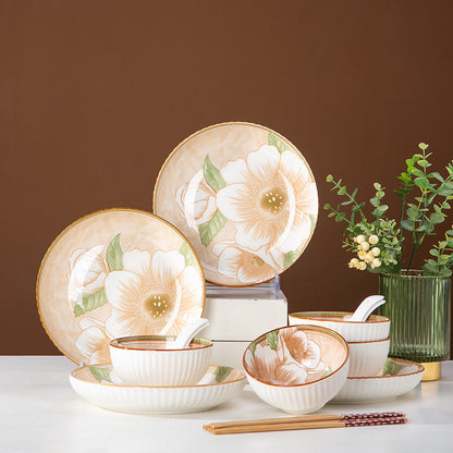 Camellia Ceramic Dinnerware Set - Japanese Style Tableware (11.8cm Rice Bowl, 20.3cm Plate, 23cm Chopsticks)