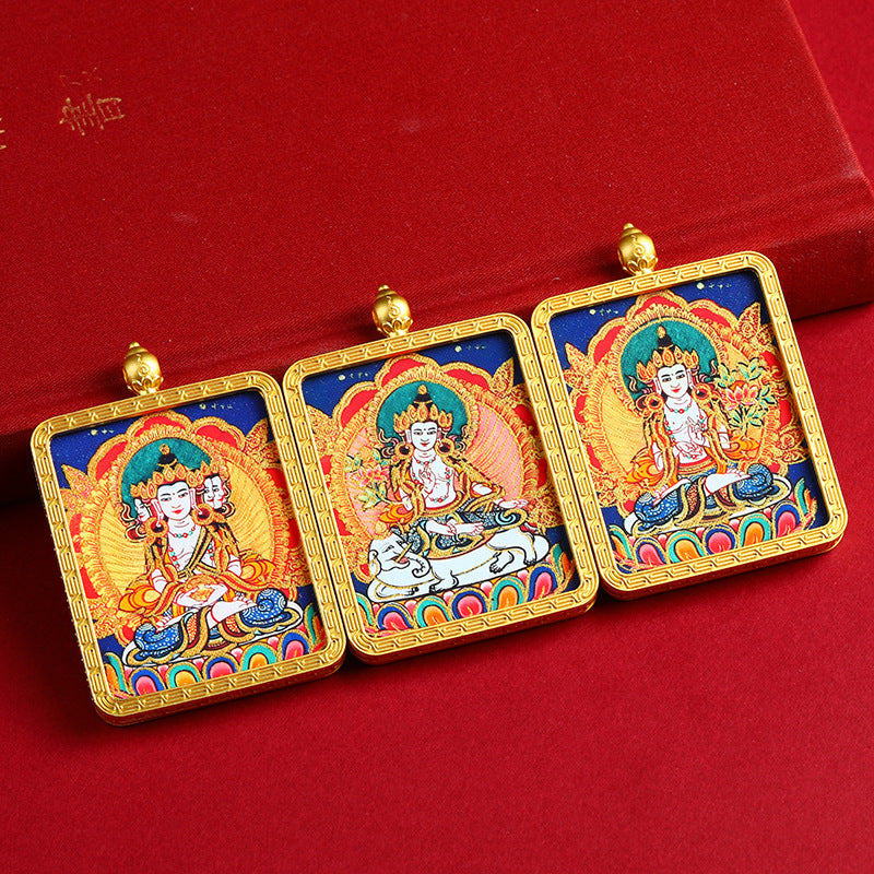 Portable Buddhist Thangka Pendant - Double-Sided Dragon Deity Amulet with Gold Accents - Eight Protector Deities Amulet Box