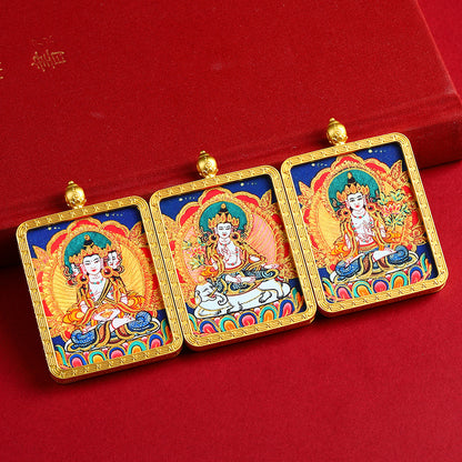 Portable Buddhist Thangka Pendant - Double-Sided Dragon Deity Amulet with Gold Accents - Eight Protector Deities Amulet Box