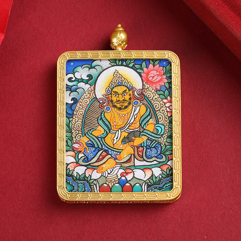Tibetan Thangka Pendant – Golden Yellow Dzambhala (Wealth Buddha) Thangka Design