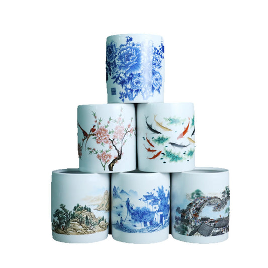 Jingdezhen Ceramic Brush Holder - 13 Classic Chinese Designs for Desk Organization (12cm Height, 10cm Diameter)