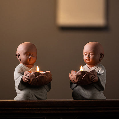 Zen Monk Ceramic Figurine with Lotus Candle Holder - Handcrafted Chinese Meditation Decor (9.8x7.8x12.3cm)