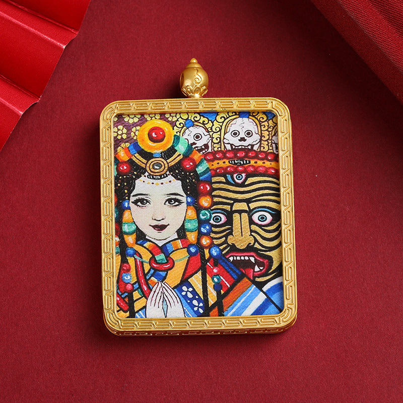 Zaki Ram Tibetan Thangka Pendant – Golden Square Pendant with Sacred Artwork