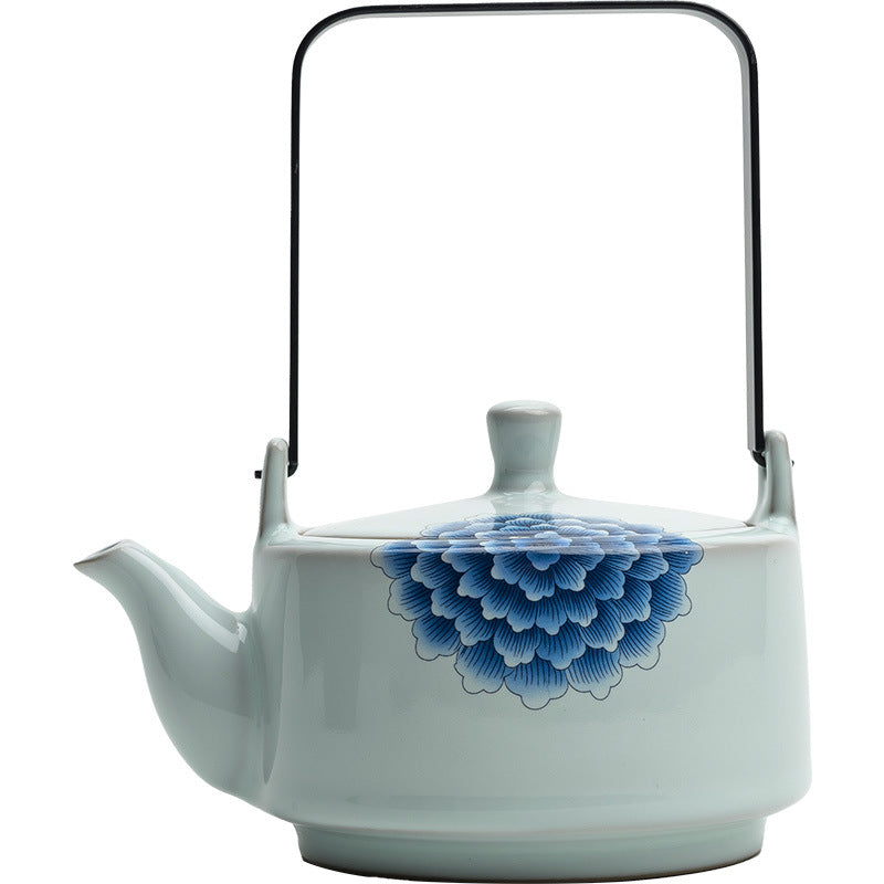 Ru Kiln Arch-Handle Teapot - Large 400ml Crackle Glaze Ceramic with Floral Design (14.5x11x17cm)