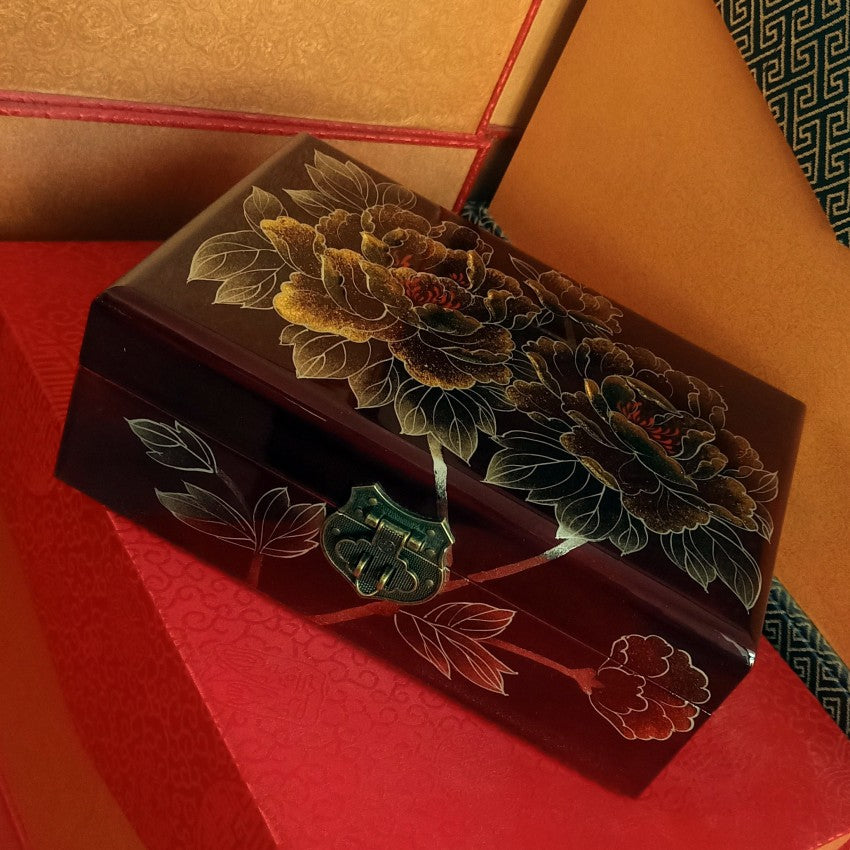 Chinese Red Lacquer & Gold Jewelry Case - Feng Shui Wooden Jewelry Organizer with Spacious Drawers, Elegant Gift Box for Women (Birthday/Anniversary/Wedding Present)