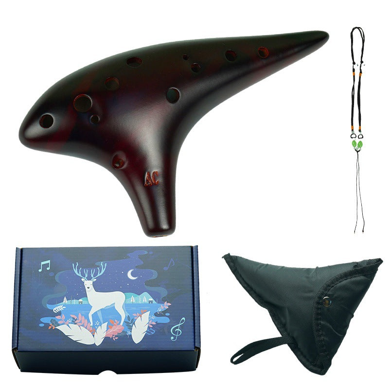 12-Hole Alto C Ceramic Ocarina - Smoked Finish with Music Sheet, Neck Strap & Carry Bag (AC Tuned)